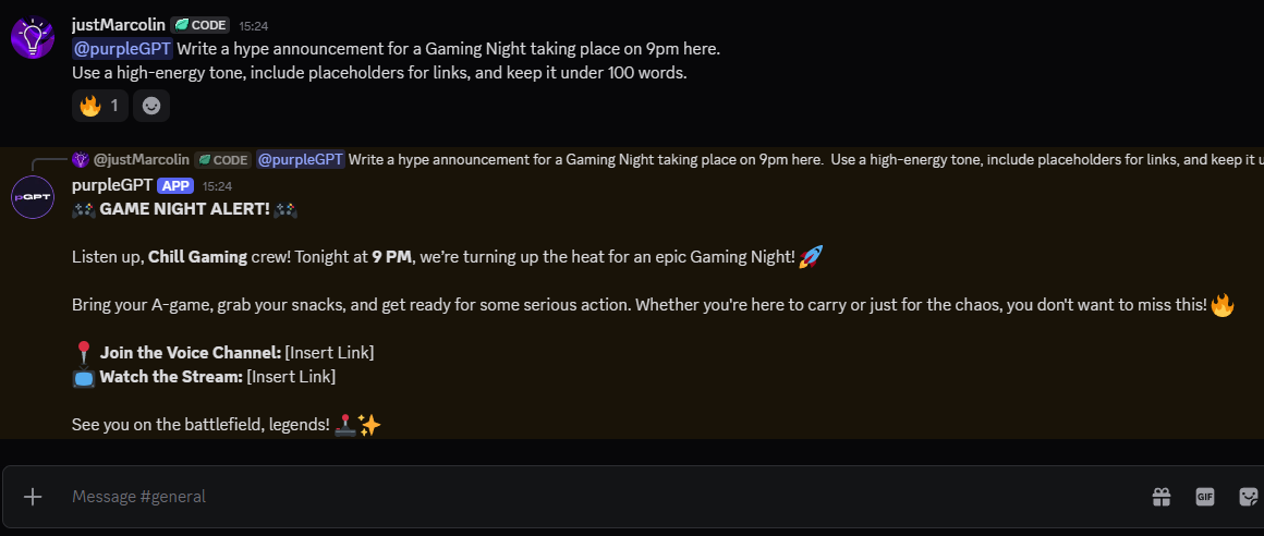 purpleGPT AI bot conversation in a Discord channel